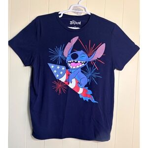 Disney Lilo & Stitch Patriotic Rocket Firework Graphic T-Shirt Navy Blue XL